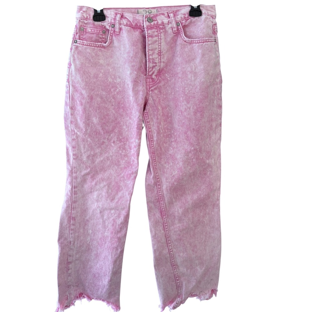 Free People Womens 28 Jeans Pink Acid Wash High Rise Raw Hem Straight Leg Grunge